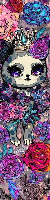 Free kawaii cats bookmark featuring a gray-faced cat wearing a tall crown